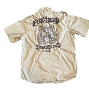 ECKO  UNLTD Shirt Mens XL Khaki Y2K Graphic Print Wings Embroidered Cholo Button
